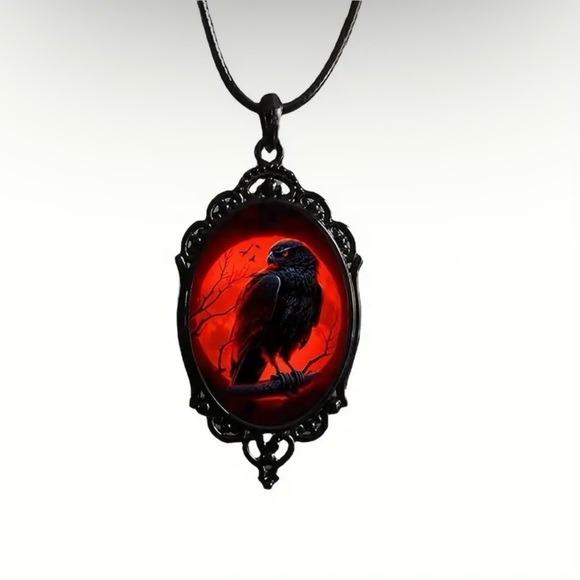Red Moon Eagle Cameo Necklace Gothic Style Glass Pendent Choker Mystic Witch Jew - Picture 10 of 14